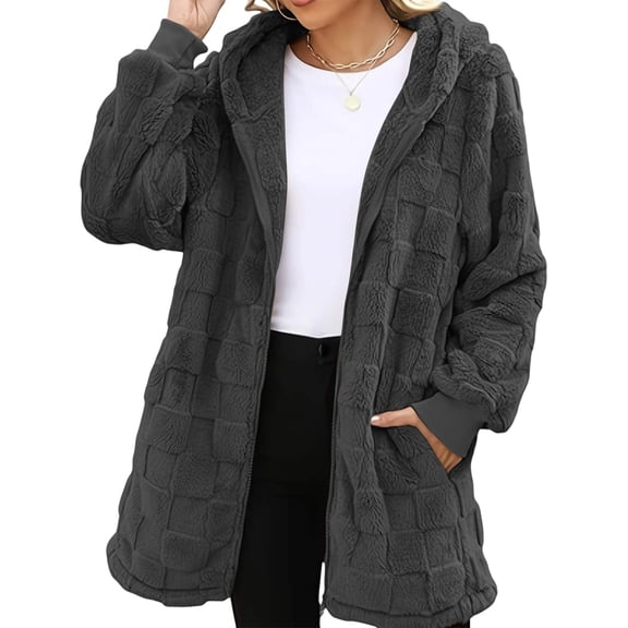 Women's Fashionable Casual Warm Thick Plush Striped Embossed Button Hooded Cardigan Coat Dark Gray S
