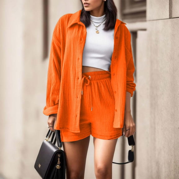 Women's Fashionable Casual Wrinkled Cloth Solid Color Slit Button Long Sleeve Top Shirt Orange
