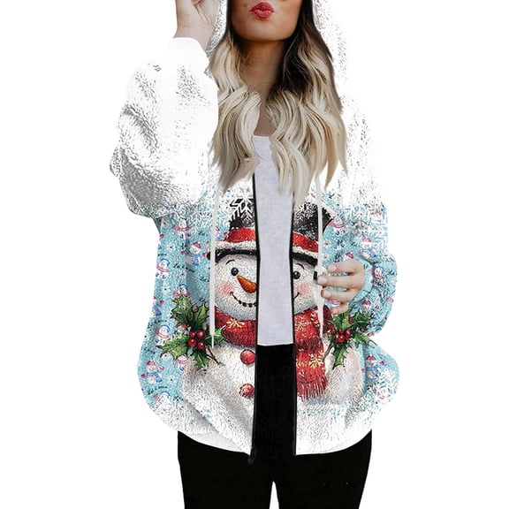 Women's Fashionable Casual Zippered Hooded Christmas Print Drawstring Furry Sweatshirt Jacket, Cute Cartoon Print,Sky Blue,S