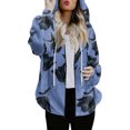 thumbnail image 1 of Women's Fashionable Casual Zippered Hooded Floral Printed Drawstring Furry Sweatshirt Jacket, Botanical Print Style,Royal Blue,XL, 1 of 6