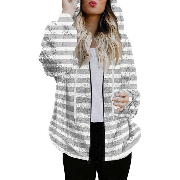 Women's Fashionable Casual Zippered Hooded Striped Printed Drawstring Furry Sweatshirt Jacket, Classic Stripes Pattern,Light Gray,L