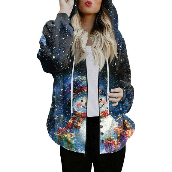 Women's Fashionable Casual Zippered Hooded Sweatshirt Jacket with Christmas Print and Drawstring, Furry Plush for Winter,Dark Blue,XL