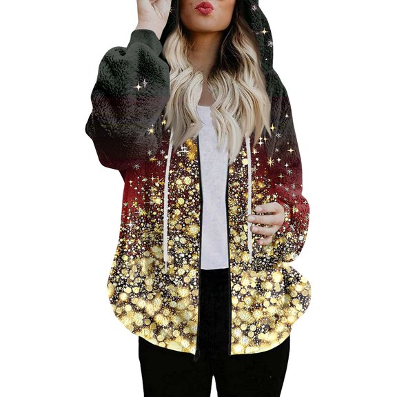 Women's Fashionable Casual Zippered Hooded Sweatshirt Jacket with Christmas Print and Drawstring, Furry Plush for Winter,Deep Red,S