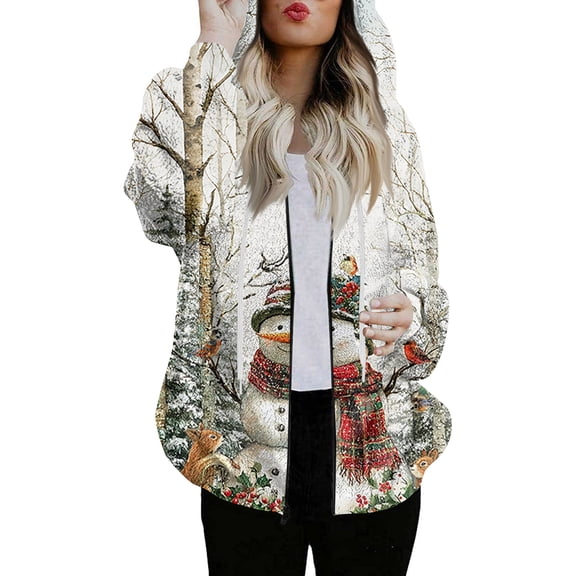 Women's Fashionable Casual Zippered Hooded Sweatshirt Jacket with Christmas Print and Drawstring, Furry Plush for Winter,Gray,S