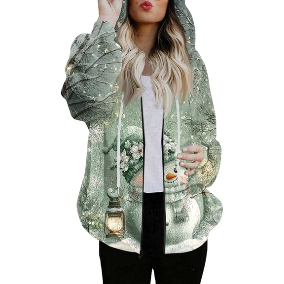 Women's Fashionable Casual Zippered Hooded Sweatshirt Jacket with Christmas Print and Drawstring, Furry Plush for Winter,Light Green,S