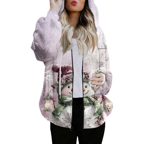 Women's Fashionable Casual Zippered Hooded Sweatshirt Jacket with Christmas Print and Drawstring, Furry Plush for Winter,Light pink,S