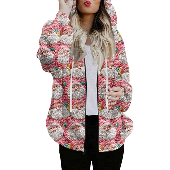 Women's Fashionable Casual Zippered Hooded Sweatshirt Jacket with Christmas Print and Drawstring, Furry Plush for Winter,Pink,L