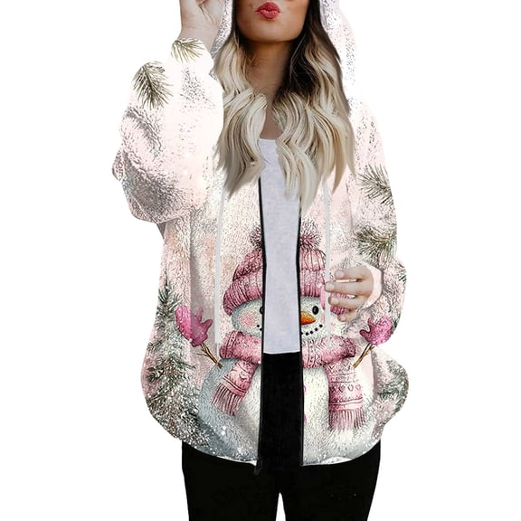 Women's Fashionable Casual Zippered Hooded Sweatshirt Jacket with Christmas Print and Drawstring, Furry Plush for Winter,Pink,S