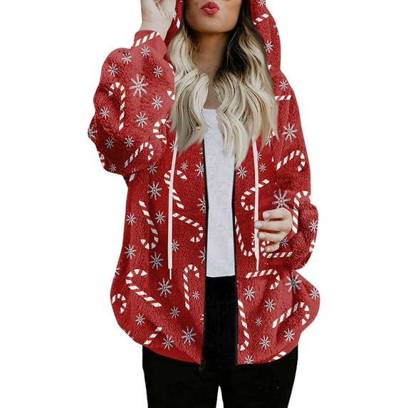 Women's Fashionable Casual Zippered Hooded Sweatshirt Jacket with Christmas Print and Drawstring, Furry Plush for Winter,Red,2XL