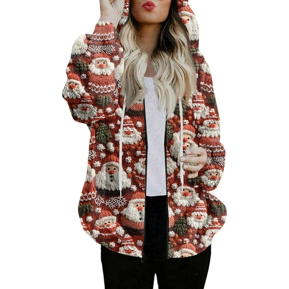 Women's Fashionable Casual Zippered Hooded Sweatshirt Jacket with Christmas Print and Drawstring, Furry Plush for Winter,Red,S