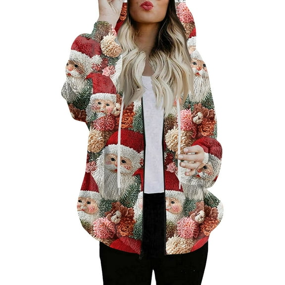 Women's Fashionable Casual Zippered Hooded Sweatshirt Jacket with Christmas Print and Drawstring, Furry Plush for Winter,Red,S