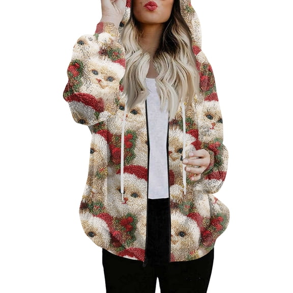 Women's Fashionable Casual Zippered Hooded Sweatshirt Jacket with Christmas Print and Drawstring, Furry Plush for Winter,Vermilion,2XL