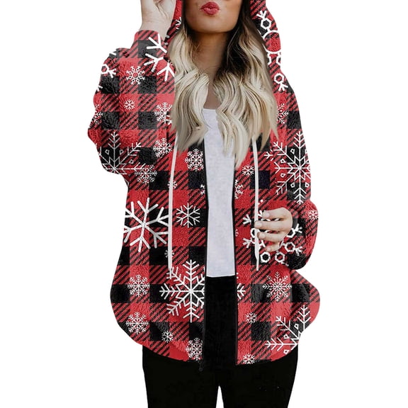 Women's Fashionable Casual Zippered Hooded Sweatshirt Jacket with Christmas Print and Drawstring, Furry Plush for Winter,Vermilion,S