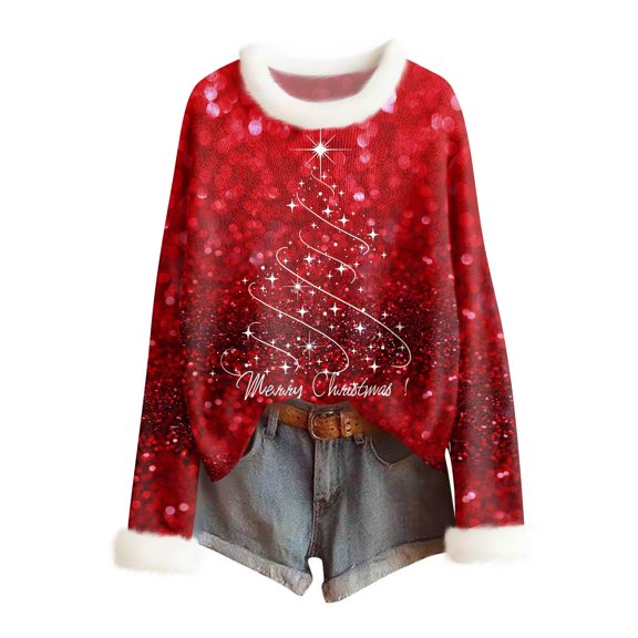 Women's Fashionable Christmas Printed Wool Collar Sweater, Casual Long Sleeved Knitted Pullover Top, Lightweight Super Soft Knitwear for Daily Wear M Red