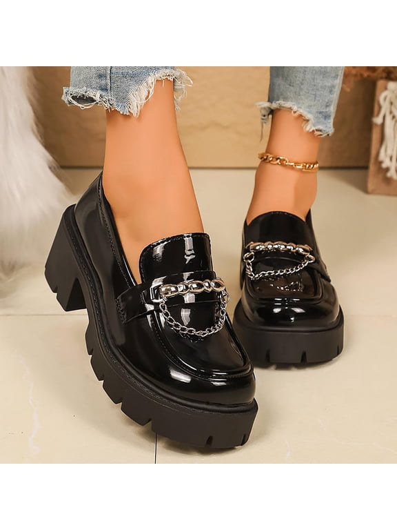 Women's Fashionable Chunky Platform Loafers, Comfortable Slip on Shoes with Metal Chain Detail, Casual Work Flats for Office and Weekend Wear