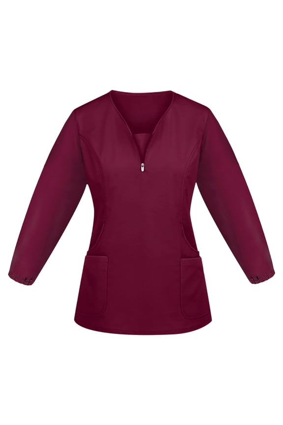 Women's Fashionable Color-Blocked V-Neck Long Sleeve Scrub Top with Drawstring and Pockets, Stretch Fabric Pullover Medical Uniform for Nurses Healthcare Professionals Red XL