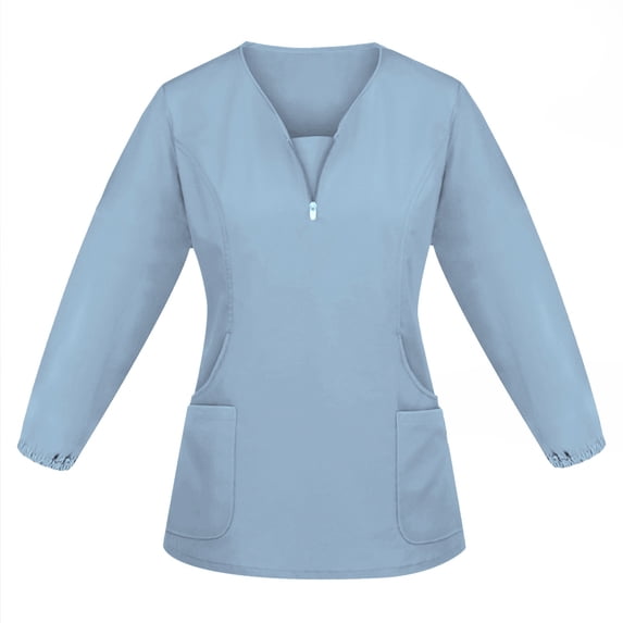 Women's Fashionable Color-Blocked V-Neck Long Sleeve Scrub Top with Drawstring and Pockets, Stretch Fabric Pullover Medical Uniform for Nurses Healthcare Professionals Light Blue XXL