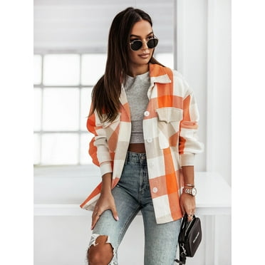 Women's Fashionable Color Plaid Shirt Brushed Woolen Coat