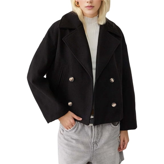 Women's Fashionable Commuting Collar Double Row Buckle Short Woolen Loose Coat Black L