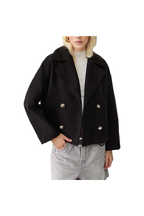 Women's Fashionable Commuting Collar Double Row Buckle Short Woolen Loose Coat Black XXL