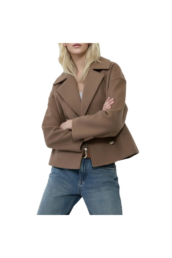 Women's Fashionable Commuting Collar Double Row Buckle Short Woolen Loose Coat Camel Color L
