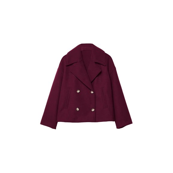 Women's Fashionable Commuting Collar Double Row Buckle Short Woolen Loose Coat Rose Red L