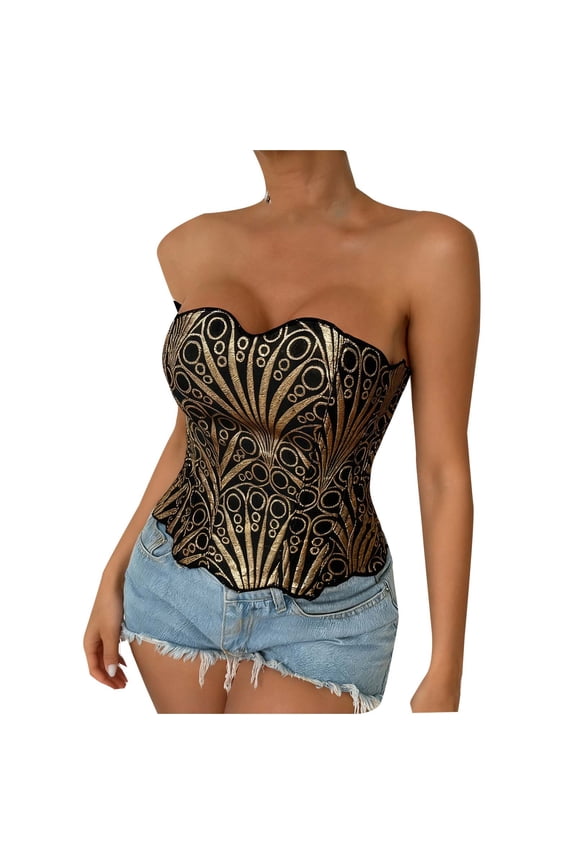 Women's Fashionable Corset Jacquard Strapless Overbust Bustier Vintage Boning Corset Top S