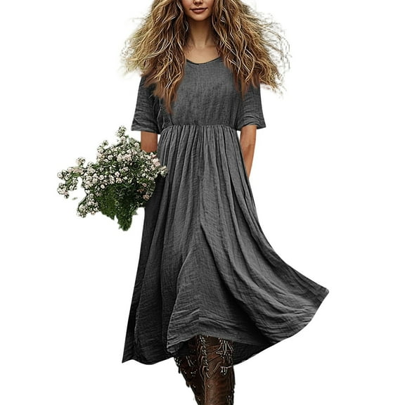 Women's Fashionable Cotton And Linen Solid-color Dress Round-neck Half-sleeve Casual Loose A-Line Flowy Long Dress