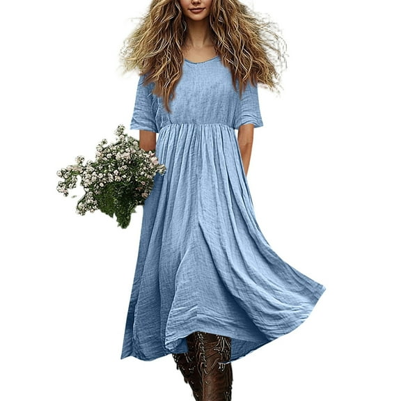 Women's Fashionable Cotton And Linen Solid-color Dress Round-neck Half-sleeve Casual Loose A-Line Flowy Long Dress