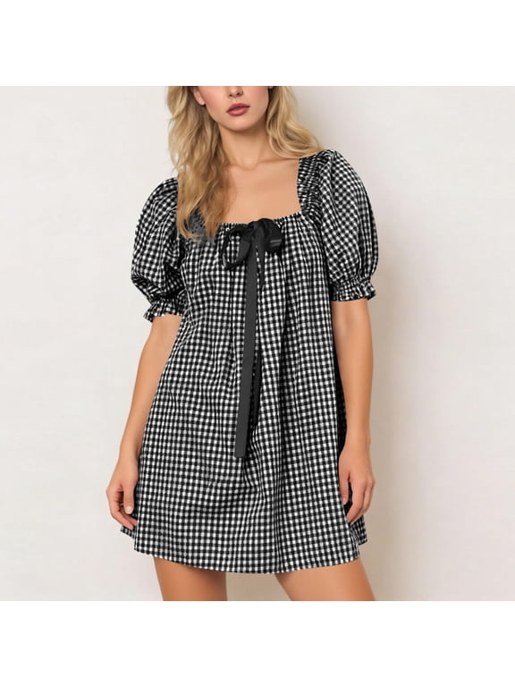 Womens Fashionable Cute Babydoll Short Dress Puff Sleeve Tie Mini Floral Sundress Gingham Square Neck Plaid A-Line Y2K Clothes for Summer Beach