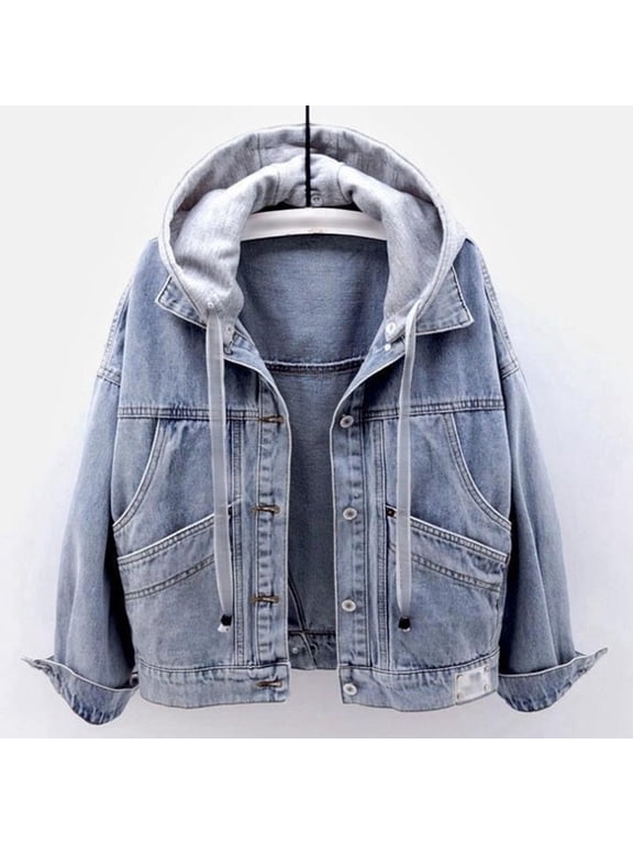 Women's Fashionable Denim Jacket With Large Pockets And Hooded Design Jean Shirts for Women Denim Wheres My Mind Jean Jacket Cropped Denim Jacket for Women Crop Jean Jacket Womens Vintage Jean Jacket