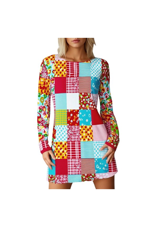 Women's Fashionable Diamond Print Round Neck Long Sleeve Casual Midi Dress Red XXL