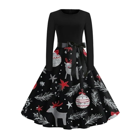 Women's Fashionable and Elegant Autumn and Winter Long-sleeved Round Neck Christmas Print Dress for Holiday Parties and Casual Wear, Stylish Women's Seasonal Dress,Black,2XL