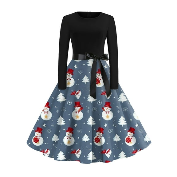 Women's Fashionable and Elegant Autumn and Winter Long-sleeved Round Neck Christmas Print Dress for Holiday Parties and Casual Wear, Stylish Women's Seasonal Dress,Royal Blue,S