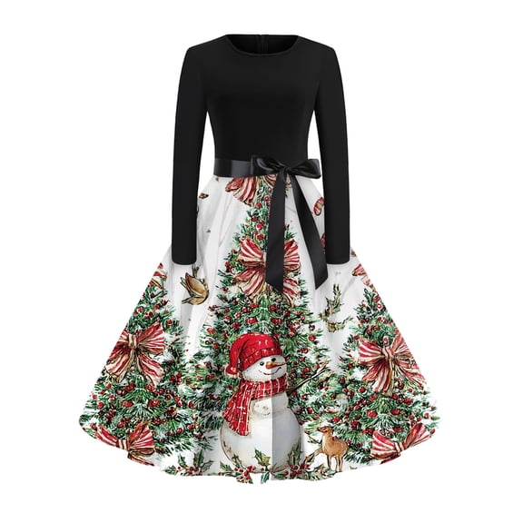 Women's Fashionable and Elegant Autumn and Winter Long-sleeved Round Neck Christmas Print Dress for Holiday Parties and Casual Wear, Stylish Women's Seasonal Dress,White,L