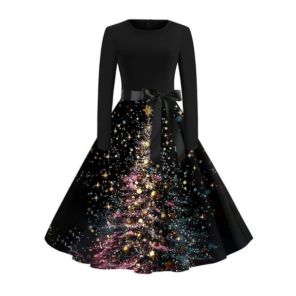 Women's Fashionable and Elegant Winter Long-sleeved Christmas Tree Print Dress for Holiday Parties and Casual Wear, Stylish Women's Seasonal Dress,Black,M