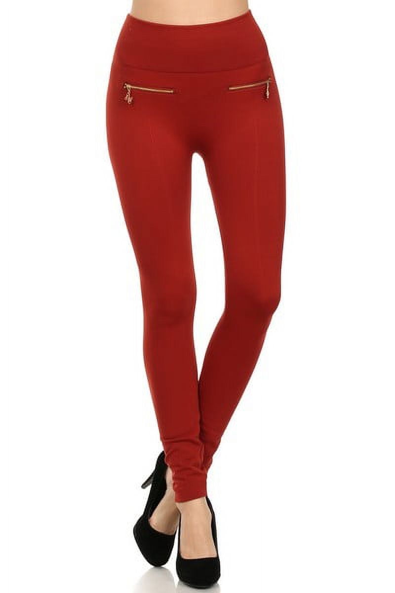 Women's Fashionable Fleece Leggings in Solid Color with 2 Gold zippers & seams on Front, Copper