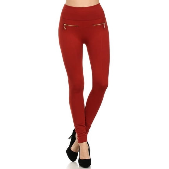 Women's Fashionable Fleece Leggings in Solid Color with 2 Gold zippers & seams on Front, Copper
