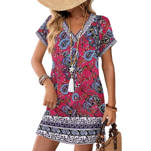 Women's Fashionable Floral Print V-Neck Short Sleeve Dress with Pocket, Casual Pullover Summer Dress, Comfortable Loose Fit, Stylish Ladies Wear,Hot Pink,XL