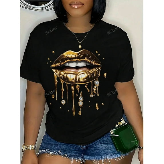 Women's Fashionable Golden Lip Print Round Neck Short Sleeve Casual T-Shirt