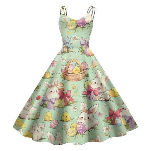 Women's Fashionable Hepburn Style Easter Print A-Line Halter Zipper Retro Casual Dress Green L