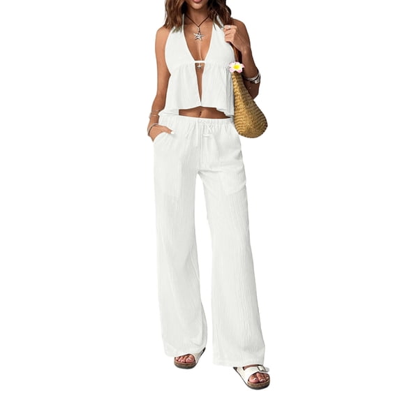 Women's Fashionable High-End Backless Slim Fit Sleeveless Vest And Trouser Set, Size S-2XL