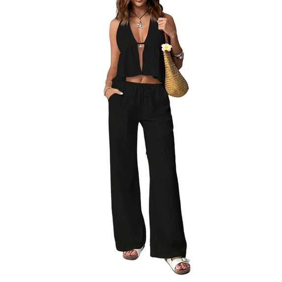 Women's Fashionable High-End Backless Slim Fit Sleeveless Vest And Trouser Set, Size S-2XL