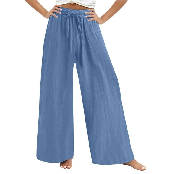 Women's Fashionable High Waist Wide Leg Pants - Loose Solid Color Casual Trousers, Sky Blue Size M