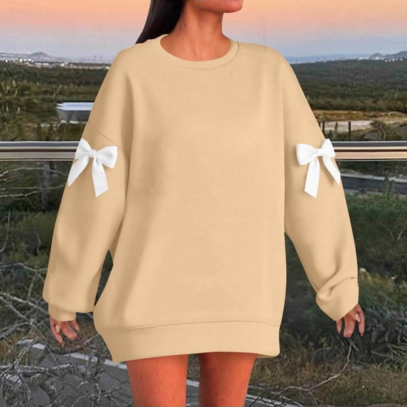 Women's Fashionable Holiday Style Real Bow Loose Shoulder Hoodie Sweatshirt Top