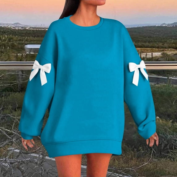 Women's Fashionable Holiday Style Real Bow Loose Shoulder Hoodie Sweatshirt Top