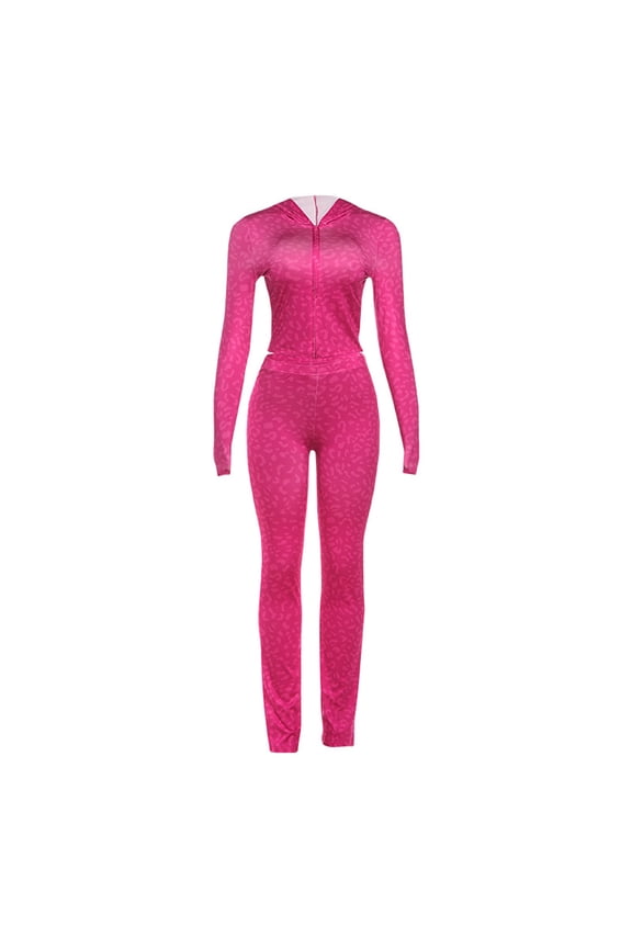 Women's Fashionable Hooded Long-Sleeve Leopard Print Sports Slim-Fit Pants Two-Piece Set