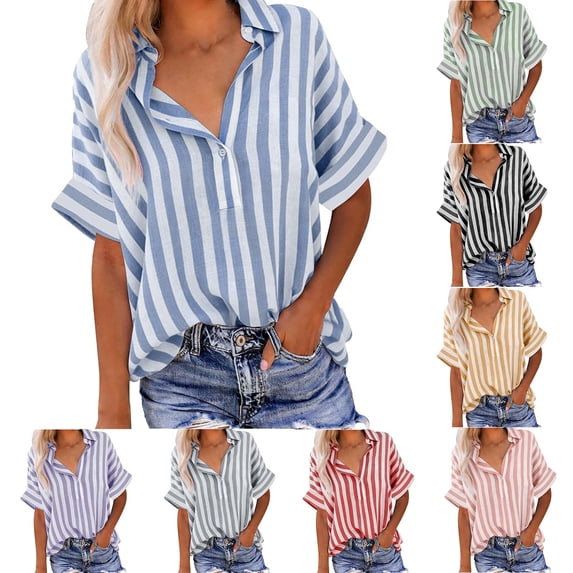 Women's Fashionable Imitation Striped Short Sleeved Collar Button Up Shirt Blouse Top Casual Loose Fit Breathable Summer Vacation | CSEONE,Purple XL