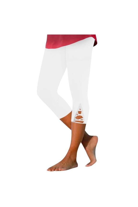 Women's Fashionable Lace Trimmed Tight Leggings - Elastic Waist, Polyester Spandex Blend, Versatile for Yoga/Lounging