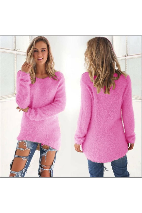 Women's Fashionable Long Sleeve Pullovers Tops Loose Fluffy Fuzzy Jumper Sweater Solid Crewneck Winter Shirt Blouse